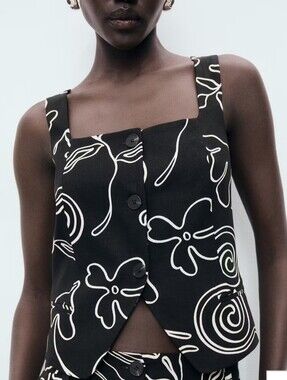 Mango Floral Print Linen Suit Vest Black White XSmall